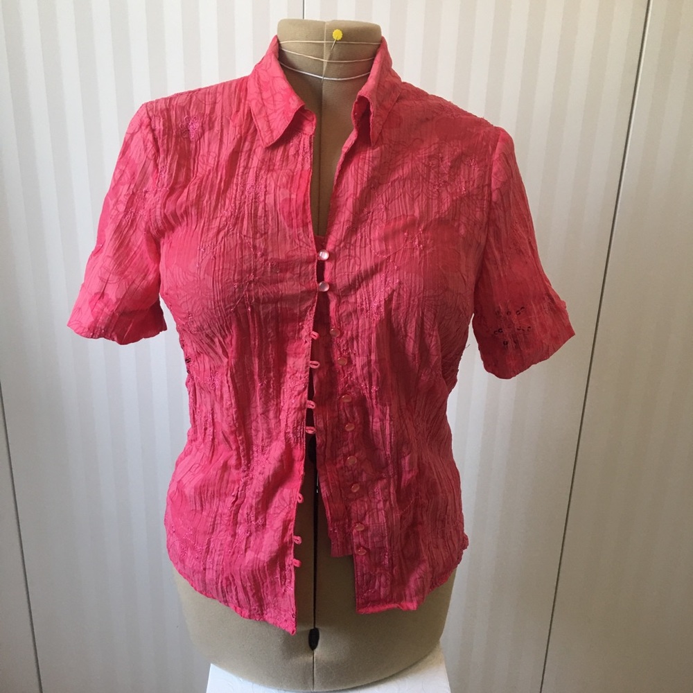 Carroll Reed pink sequin embroidery pearly buttons blouse Size S